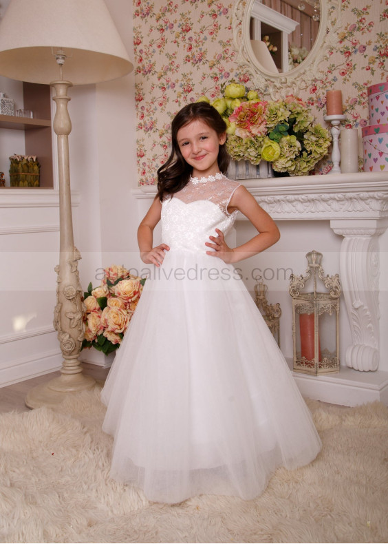 Ivory Lace Tulle Heart Shaped Back Flower Girl Dress Ivory Lace Tulle Heart Shaped Back Flower Girl Dress